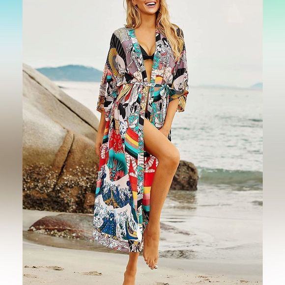 Women's Chiffon Kimono Cardigan Dress Bikini Cover Up Long Beach Blouses - Picture 2 of 7